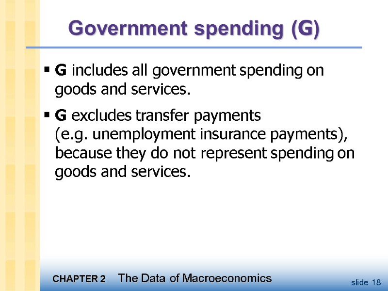 Government spending (G) G includes all government spending on goods and services. G excludes